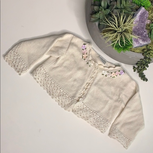Antonella kids Ivory Knit Flower Tea Time cardigan sweater 9-12 months girls - Picture 2 of 11